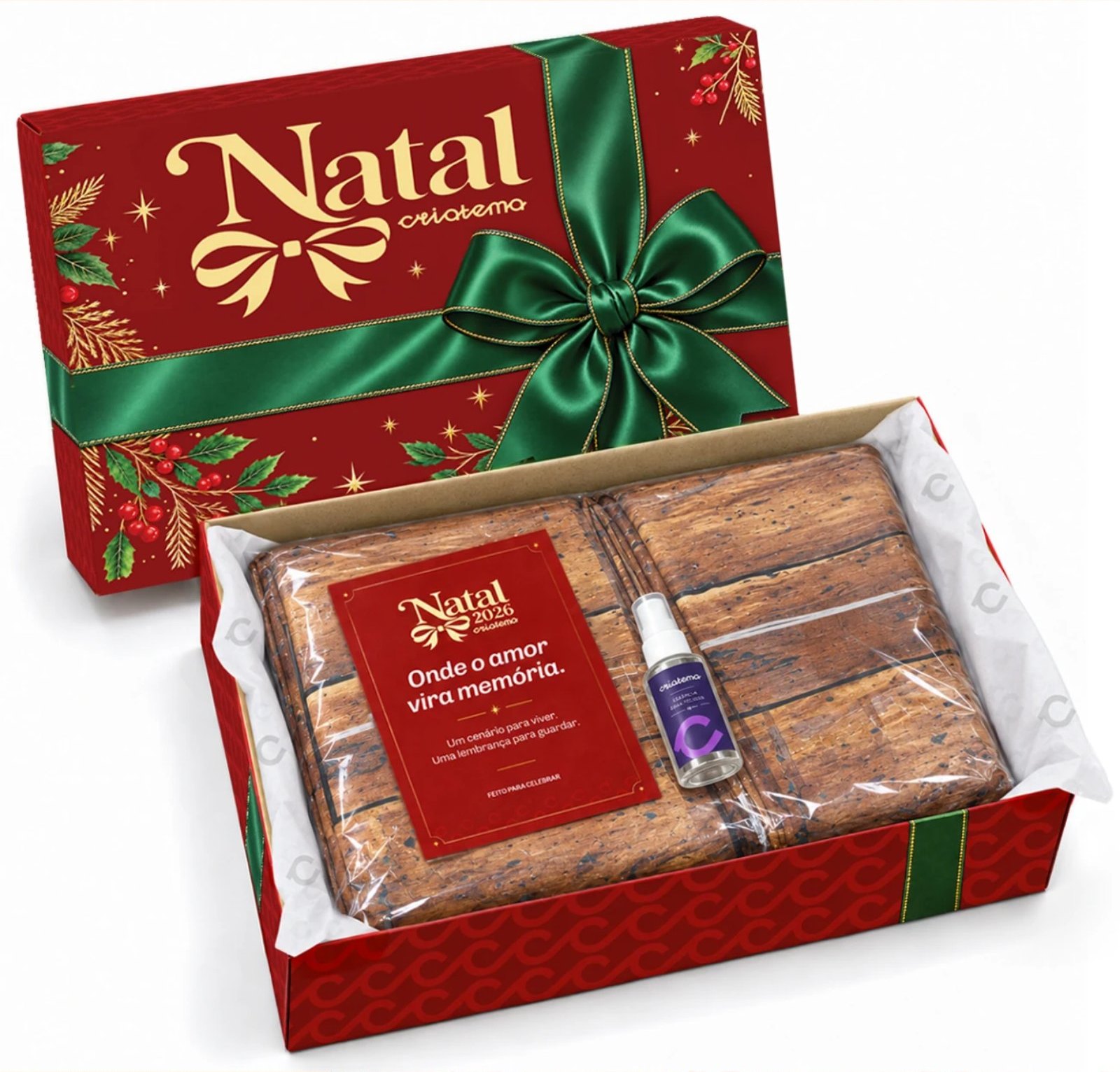 Caixa vermelha do Natal Criatema com laço verde e produtos dentro